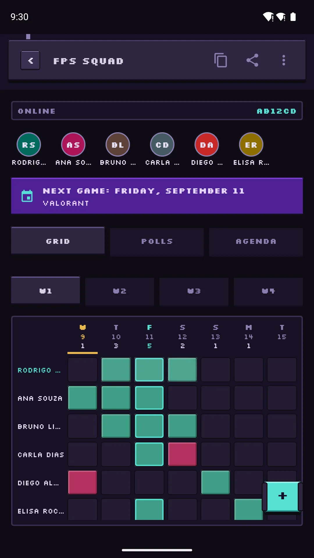 Availability grid with each member's free and busy days