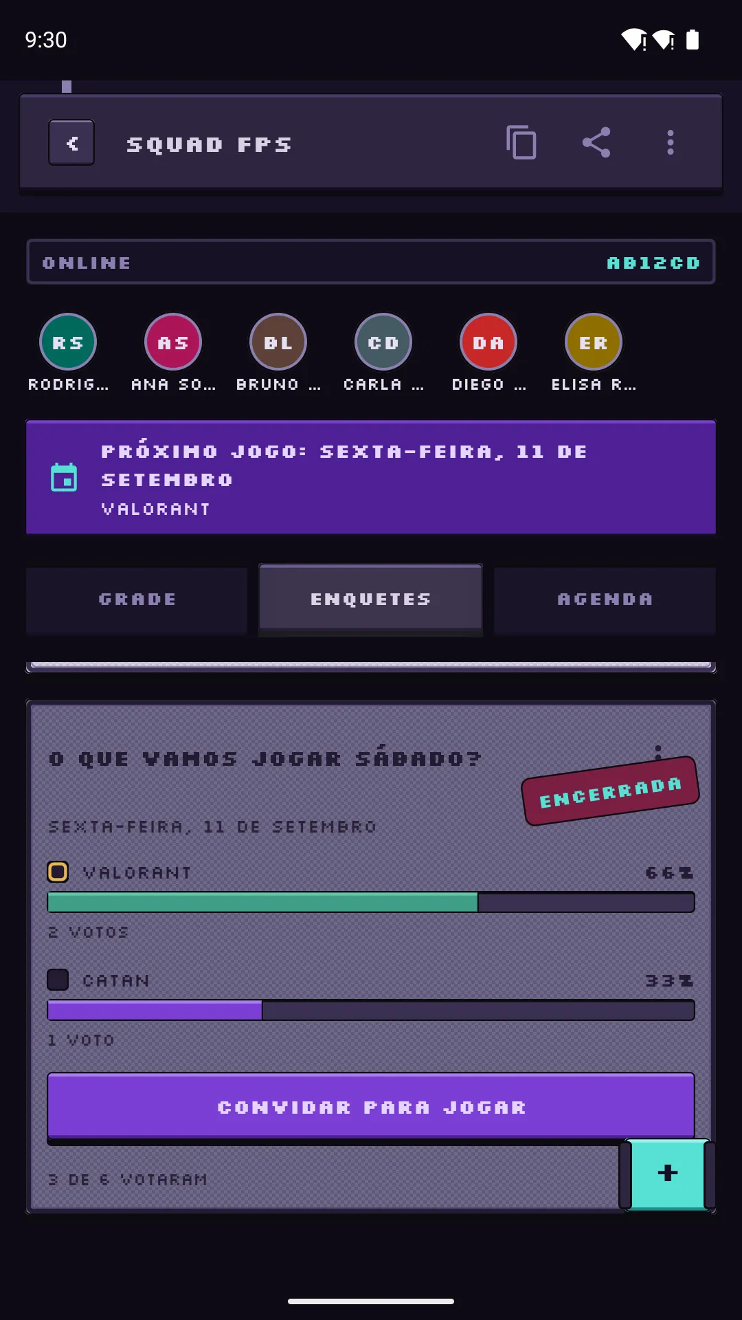 Enquete de datas mostrando os votos e os dias que funcionam para o grupo