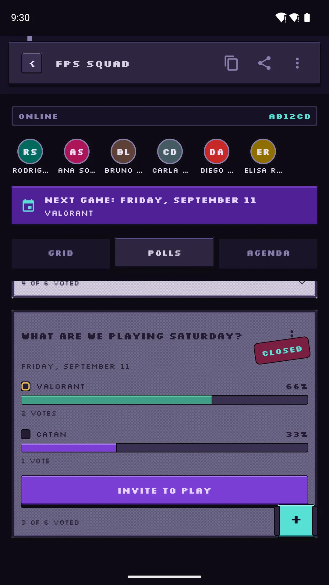Date poll showing votes and which days work for the group