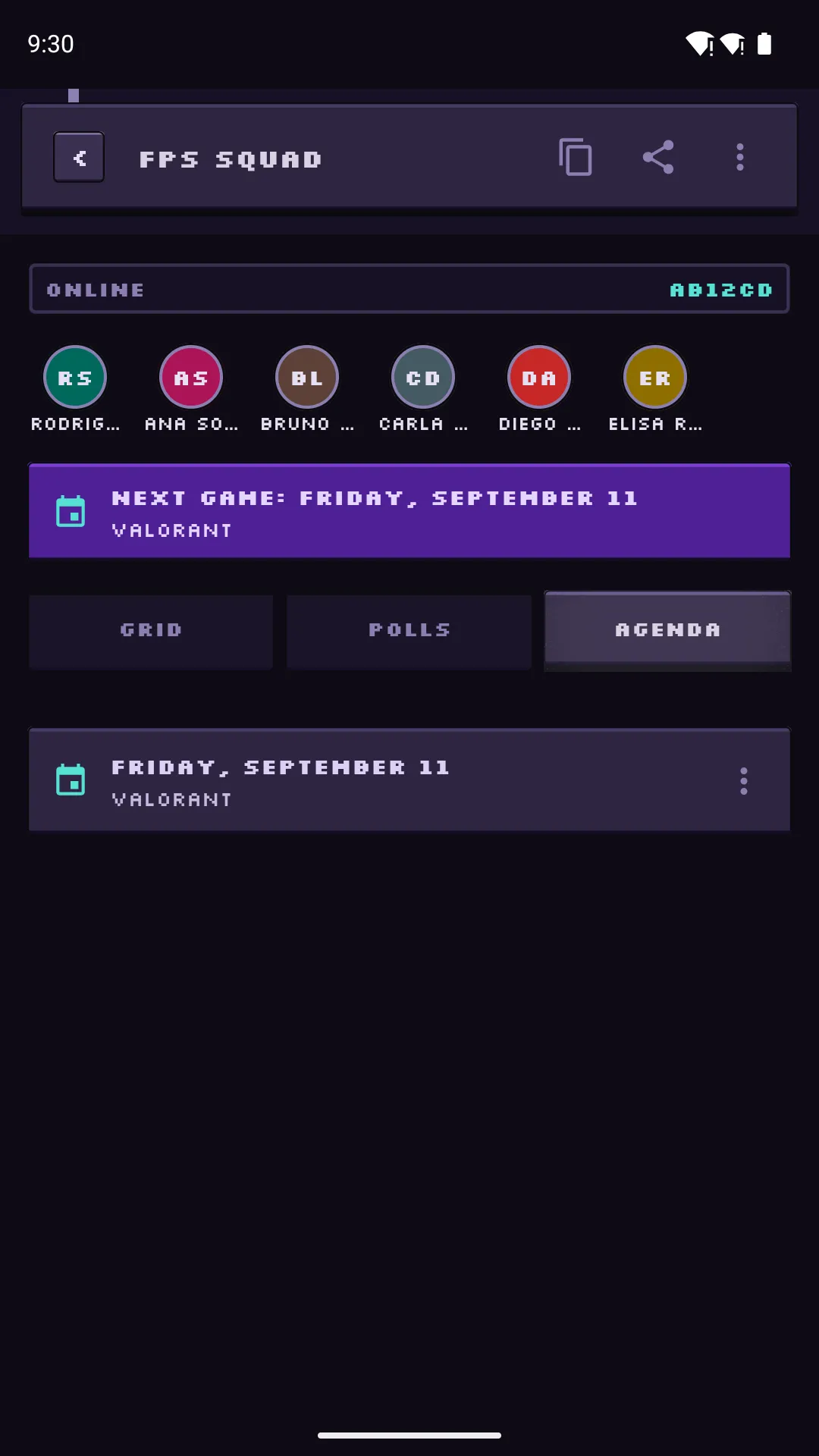 Agenda with the next scheduled game